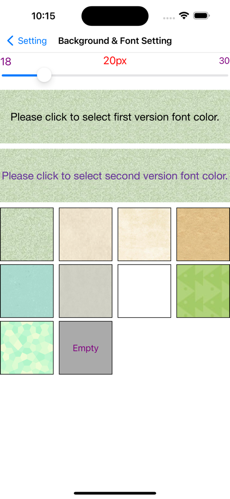 App interface for background and font settings including font size slider and color options