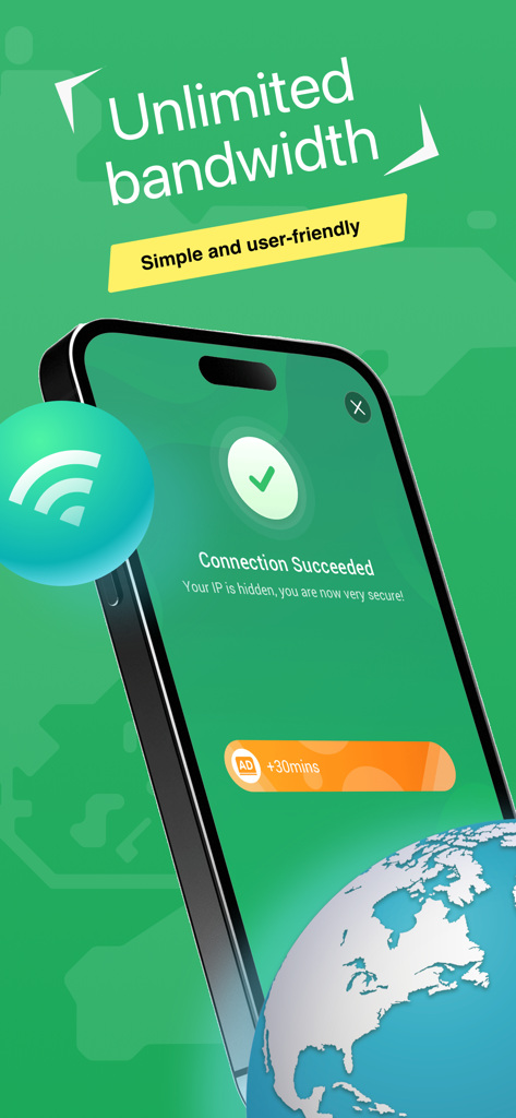 Interfaz de la aplicación VPN Master que muestra una pantalla de conexión exitosa con ancho de banda ilimitado y una notificación de IP oculta.