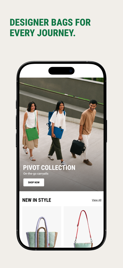 DailyObjects app screen showcasing the Pivot Collection of designer lifestyle bags and carryalls.