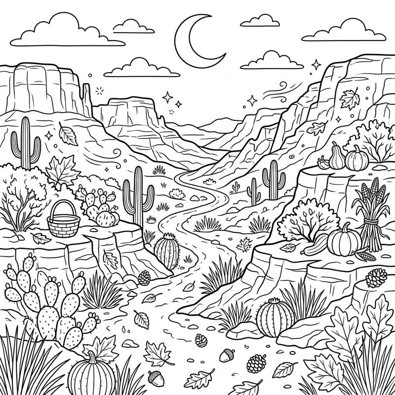 Embark on a creative journey with this delightful coloring page, blending the rugged beauty of an arid valley with the cozy charm of autumn. Kids will love coloring the canyons, cacti, and harvest treasures in this unique seasonal scene.