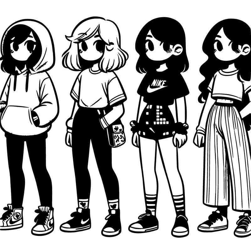a girl with a hoodie, nike, and leggings. then a girl wearing a top, shorts, and converse. then another girl with a top with shorts and nike. another girl with a t-shirt and some bell bottoms