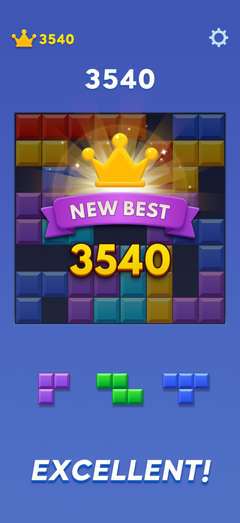 Screenshot of Block Blast game showing a new high score of 3540 with an excellent message