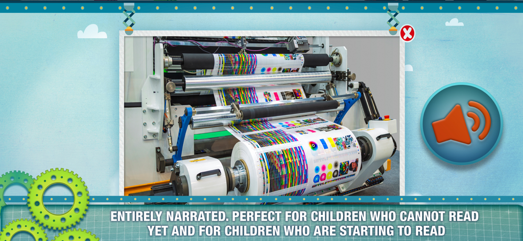 Industrial printing press showing how books are made with audio narration for children
