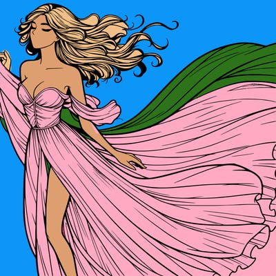 realistic woman in dress flowing the the wind