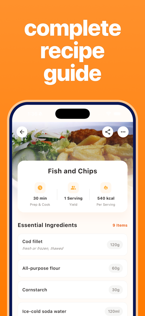 AI Recipe Keeper - ChefAI - ChefAI 앱의 피쉬 앤 칩스 상세 레시피 가이드, 준비 시간, 칼로리 및 필수 재료 표시