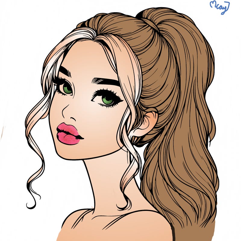 realistic girl with a ponytail on her hair and lips