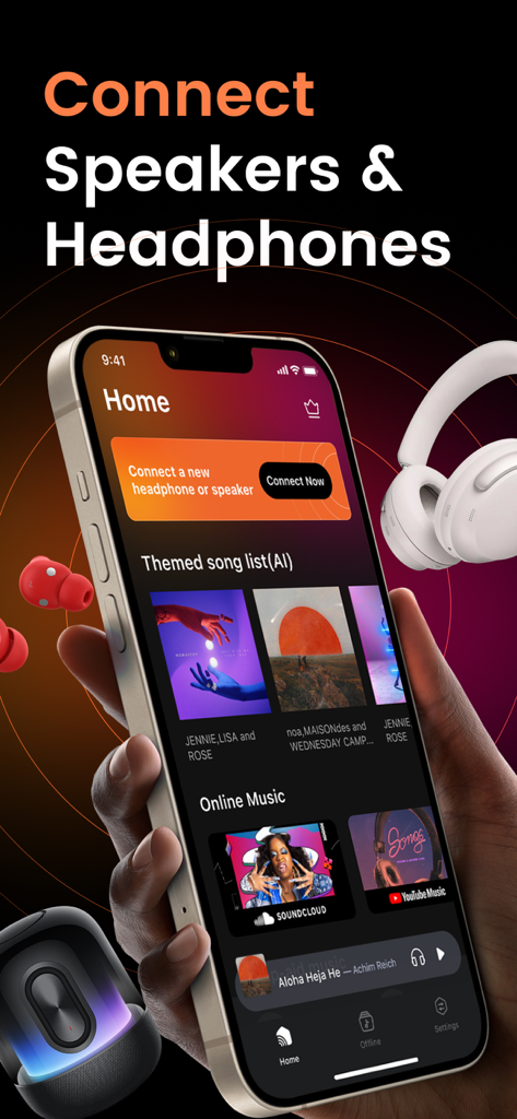 Headphones & Speaker connect + - Interfaz de la aplicación móvil para conectar auriculares y altavoces Bluetooth