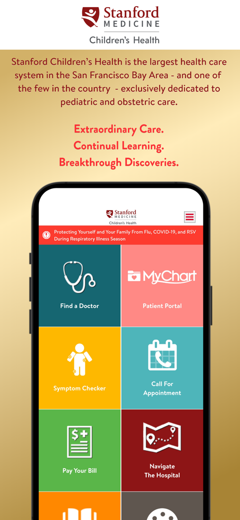 Stanford Children's - Stanford Childrens Health app interface showing navigation tiles for MyChart and Find a Doctor