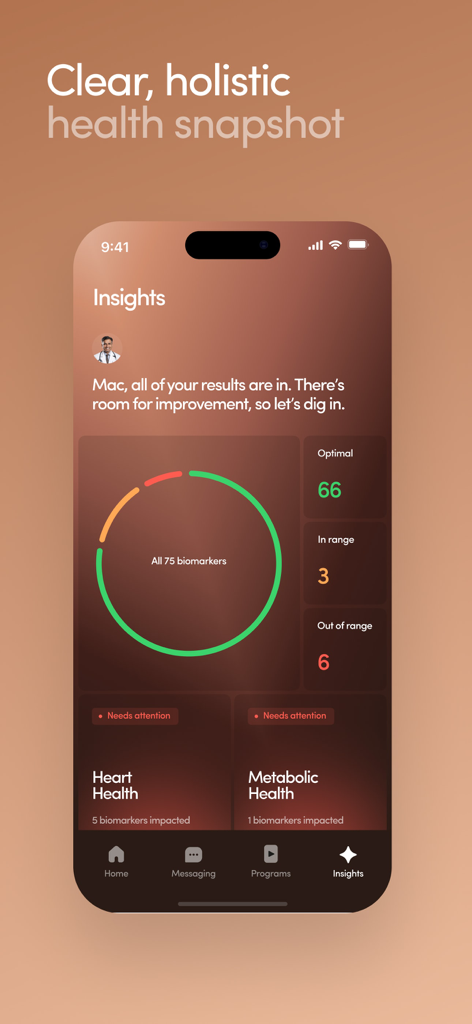 Hims: Telehealth for Men - Tableau de bord de l'application Hims montrant un aperçu de la santé holistique et les résultats des tests de biomarqueurs