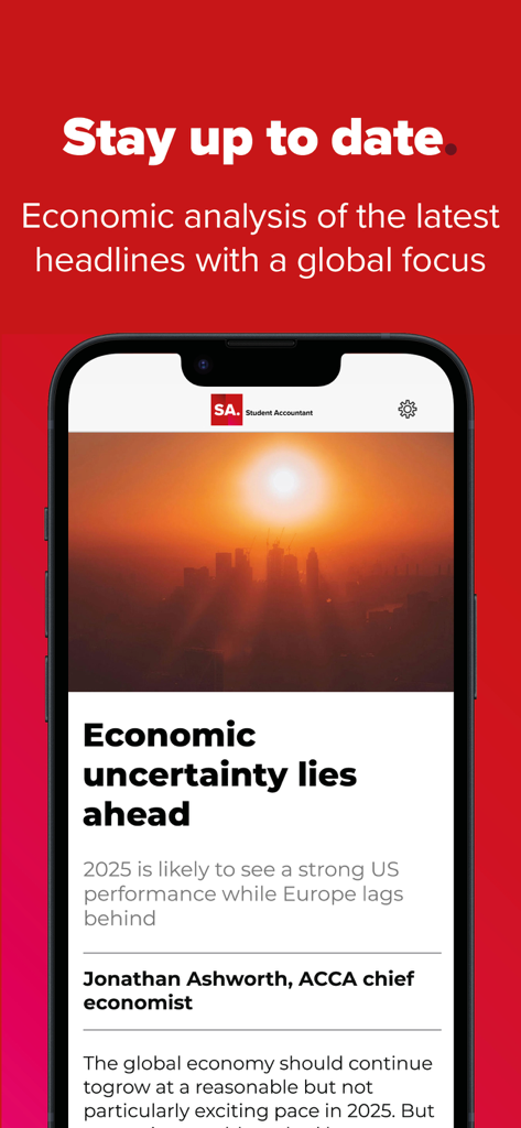 ACCA Student Accountant - A mobile app screen from ACCA Student Accountant showing a global economic analysis article regarding US performance and economic uncertainty.