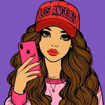 realistic beautiful girl wearing los ángeles cap holding an iphone