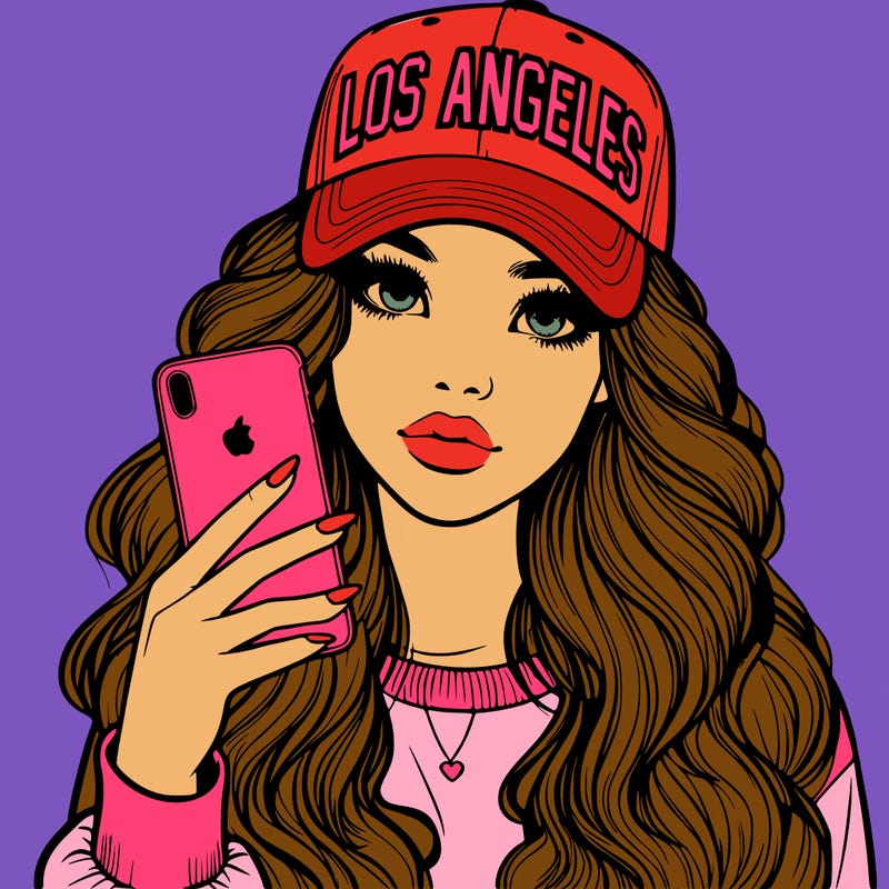 realistic beautiful girl wearing los ángeles cap holding an iphone