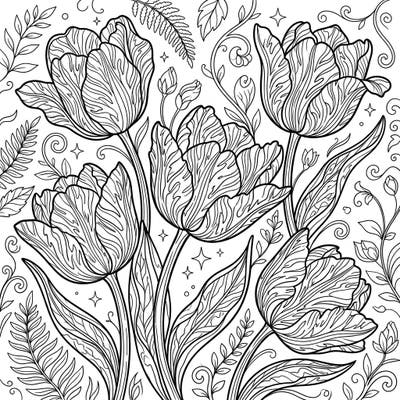 Immerse yourself in the delicate beauty of Viridiflora tulips with this intricately designed adult coloring page. Explore complex floral patterns and serene botanical elements, perfect for mindful relaxation.