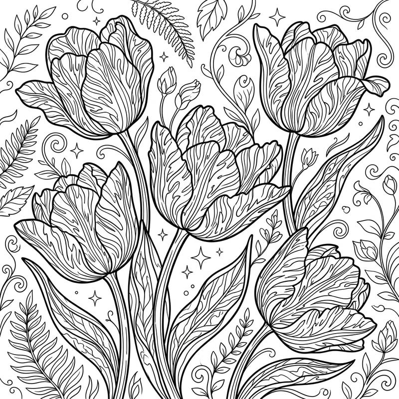 Immerse yourself in the delicate beauty of Viridiflora tulips with this intricately designed adult coloring page. Explore complex floral patterns and serene botanical elements, perfect for mindful relaxation.