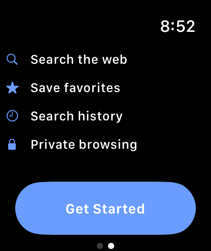 Apple Watch interface showing a list of browser features including search favorites history and private browsing