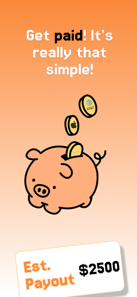 OweYou - Money That's Yours - AppleやAT&Tなどの企業ロゴが入ったコインで満たされているオレンジ色の貯金箱で、推定支払い額は2500ドルです