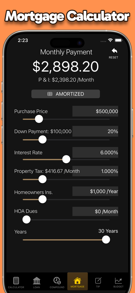 Calculator: No Ads / Ad-Free - Pantalla de la calculadora de hipotecas que muestra los detalles del pago mensual con deslizadores para el precio de compra, pago inicial y tasa de interés.