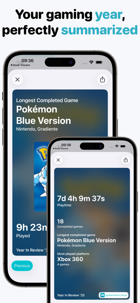 Game Tracker: Play & log - Eine Zusammenfassung der jährlichen Gaming-Statistiken in der Game Tracker App, die die Gesamtspielzeit und die abgeschlossenen Spiele zeigt