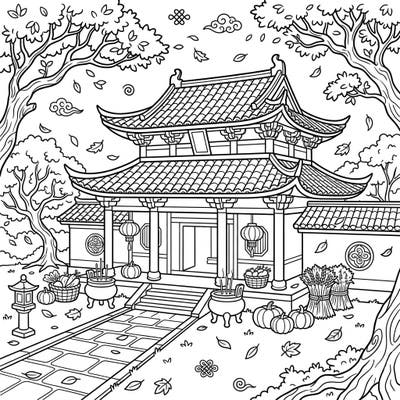 Immerse yourself in the tranquil beauty of a Taoist temple set against a gorgeous autumn backdrop. This detailed coloring page invites you to bring traditional Chinese architecture and the warmth of harvest season to life with your favorite colors.