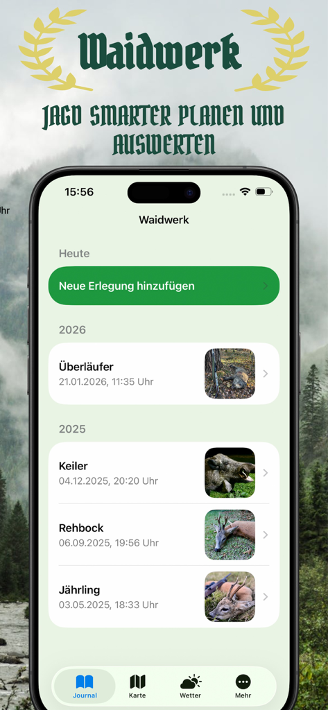 Waidwerk - Digital hunting logbook app interface showing recorded harvests with photos of wild game.