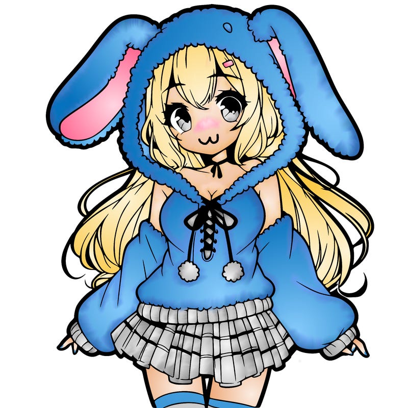 pretty anime girl wearing a fluffy hoodie with bunny ears on the hood and a skirt