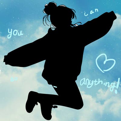 realistic girl jumping with a bun and oversized sweatshirt