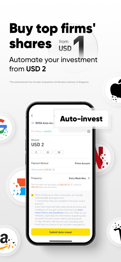 Tiger Trade: Invest Globally - Tiger Trade mobile app interface showing automated stock investment setup starting from 2 dollars