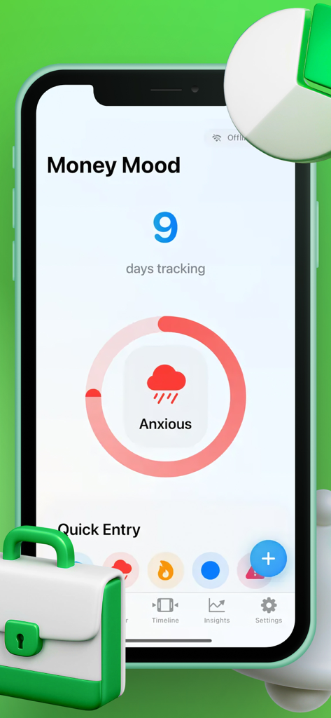 СБЕР Инвестиции - MoodWallet app interface showing a user tracking their anxious mood related to spending