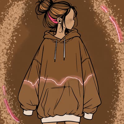 realistic girl with a oversized sweatshirt on and a bun