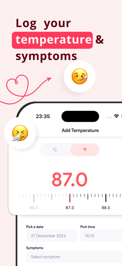 Interfaz de aplicación móvil para registrar la temperatura corporal y los síntomas con un dial fácil de usar y un selector de fecha.