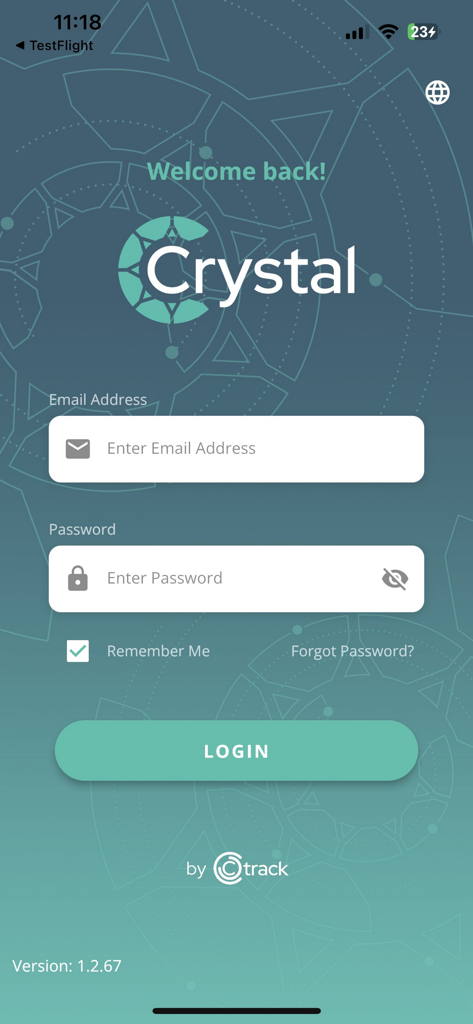 Ctrack Crystal mobile app login page with email and password fields