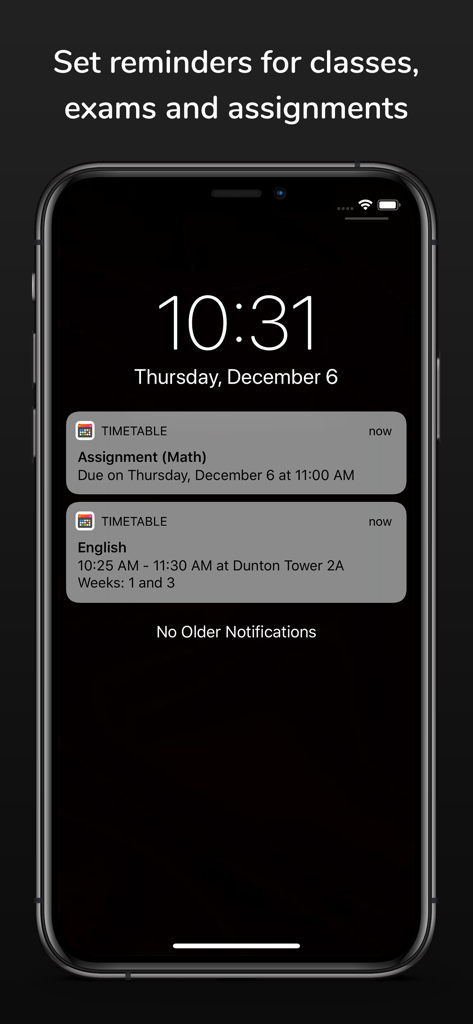 iPhone lock screen showing school timetable notifications for assignments and classes.