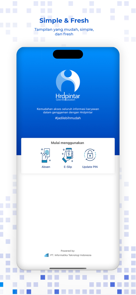 Hrdpintar Eslip - Hrdpintar Eslip app welcome screen showing attendance e-slip and pin update features