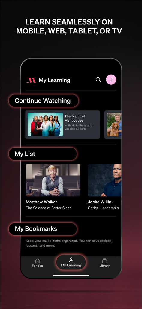 MasterClass: Online Classes - Screenshot of the MasterClass app My Learning interface showing course progress and bookmarked lessons.