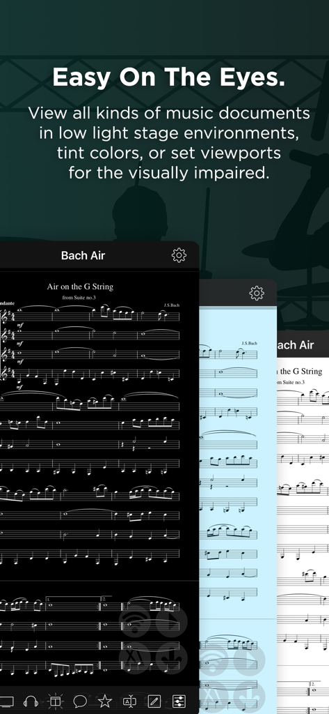 OnSong 2026 app featuring dark mode and tinted backgrounds for music reading in low light
