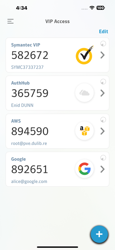 VIP Access for iPhone - VIP Access App-Oberfläche mit Zwei-Faktor-Authentifizierungscodes für mehrere Konten wie Symantec AWS und Google