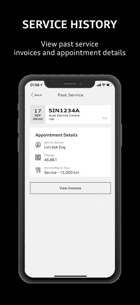 Pantalla de la aplicación Audi Service SG que muestra el historial detallado de servicio del vehículo y las facturas de citas.