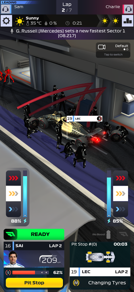 F1 Clash - Official 2025 Game - F1 Clash gameplay showing a pit stop strategy management screen with a pit crew servicing a car.