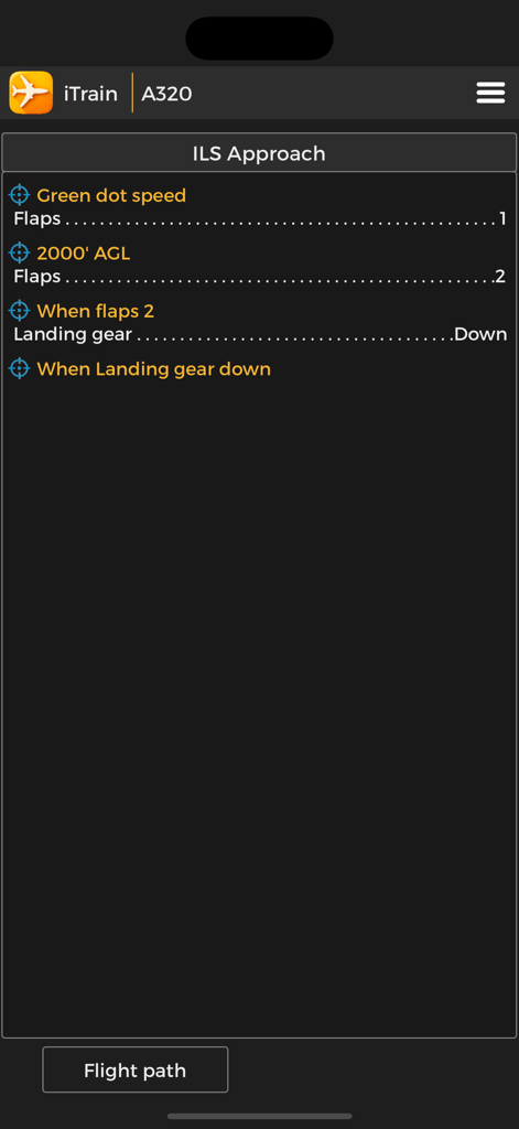 iTrain A320 - The iTrain A320 app interface displaying a step-by-step ILS approach procedure for pilots