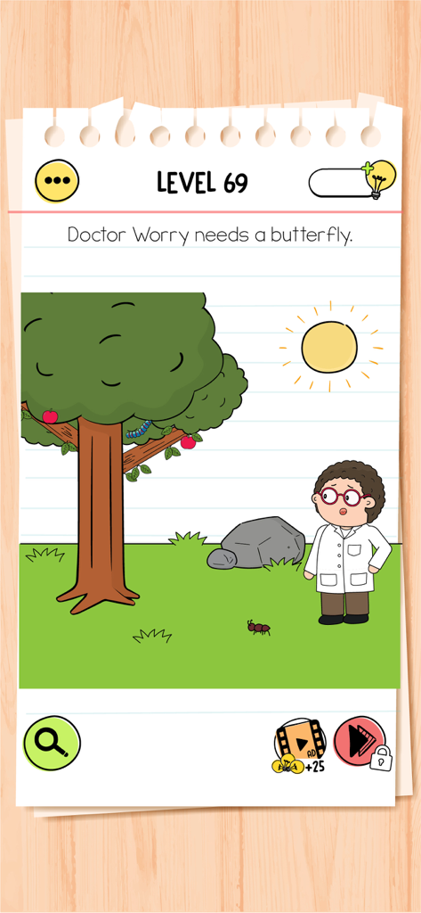 Level 69 of Brain Test 4 featuring Doctor Worry needing a butterfly in a cartoon outdoor scene
