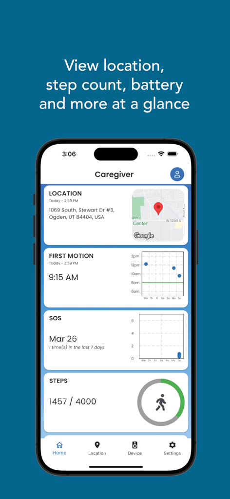 Caregiver Mobile - Caregiver Mobile app home screen displaying location map, first motion alerts, SOS history, and daily step tracker