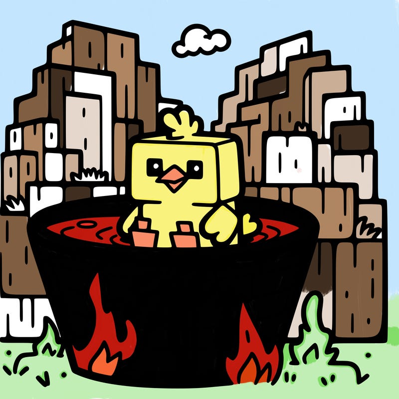 chicken sitting in a bucket of lava from minecraft