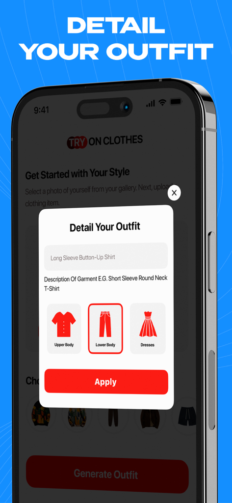 Virtual Clothes: Try on Outfit - Screenshot der Virtuelle Kleidung App, die die Detail-deines-Outfits-Oberfläche mit Auswahlmöglichkeiten für Kleidungskategorien zeigt