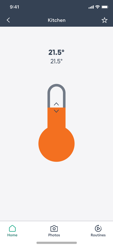 Interface do aplicativo Tydom mostrando o controle de temperatura da cozinha definido para 21,5 graus com um ícone de termômetro