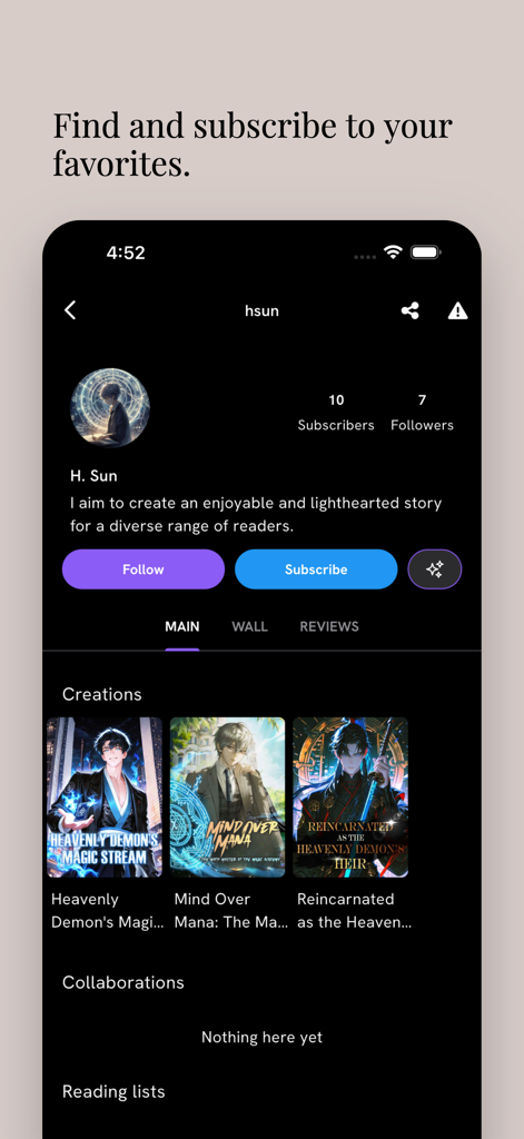 Screenshot der Yoru Studios App, der eine Autorenprofilseite mit Fantasy-Roman-Covern und einer Schaltfläche zum Abonnieren zeigt.