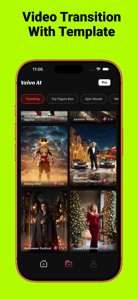 VeivoVerse: AI Video Generator - Pantalla de iPhone mostrando la aplicación Veivo AI con una variedad de plantillas de transiciones de vídeo de tendencia, incluyendo temas cinematográficos y festivos.