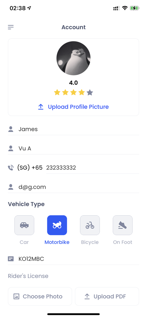 MilkRun app account profile screen for delivery riders showing vehicle type selection and personal information