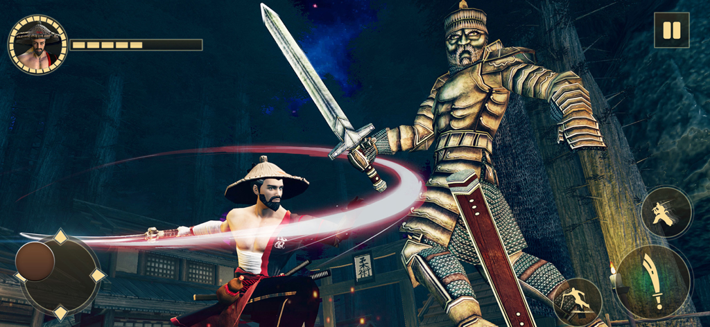 Shadow Ninja Assassin Fight - A samurai assassin fighting a giant armored soldier in a dark forest