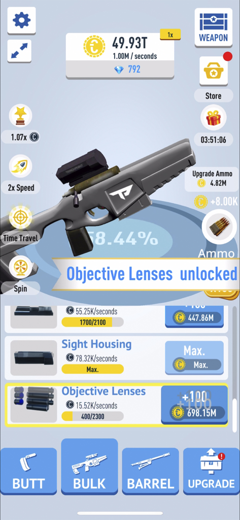 Idle Guns Factory Tycoon - Idle Guns Factory Tycoon gameplay showing weapon assembly and unlocked objective lenses for a rifle.