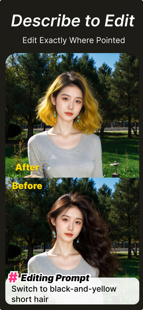 Fotee - 视频转照片高清截图实况截取视频抽帧截图 - AI text-to-edit feature in Fotee app showing a hair color and style transformation from a prompt